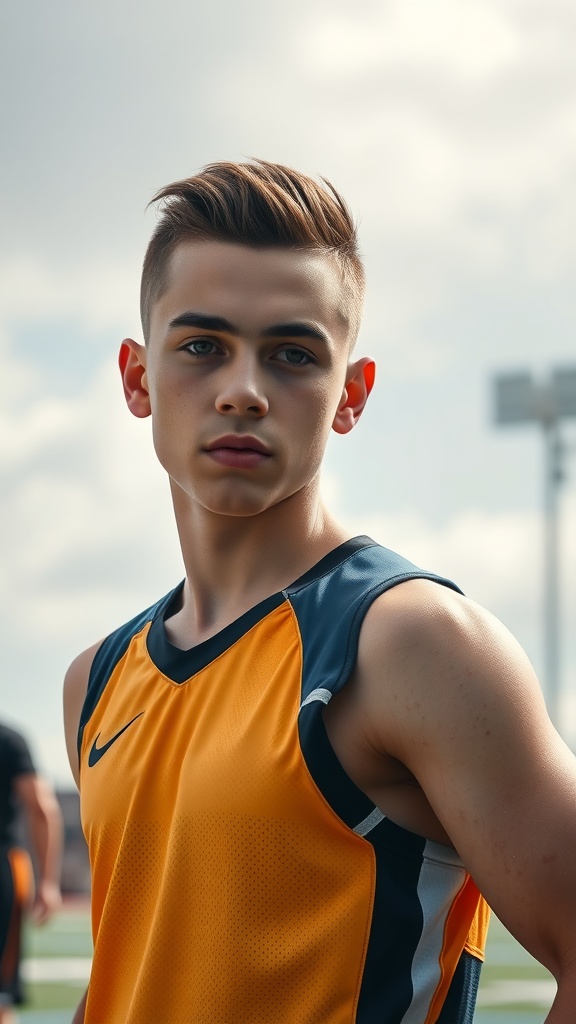 A young athlete with a low fade haircut, wearing a sporty yellow jersey.