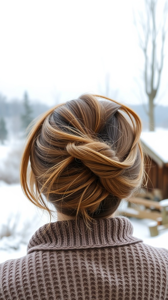 Back view of a woman with tawny taupe hair in a bun, wearing a knitted sweater in a snowy landscape.