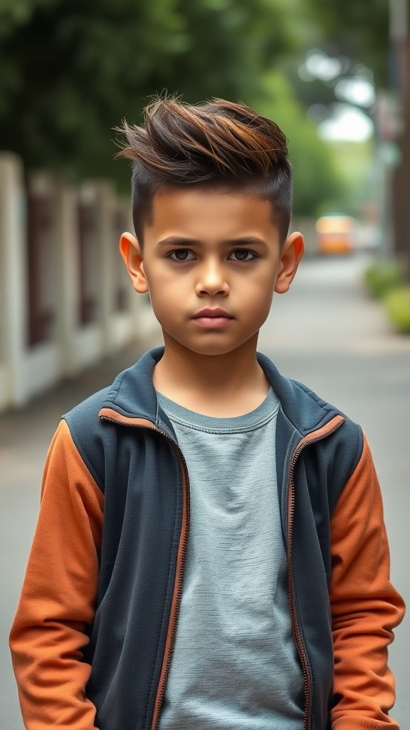 A boy with a textured Edgar haircut featuring a fade, standing outside.