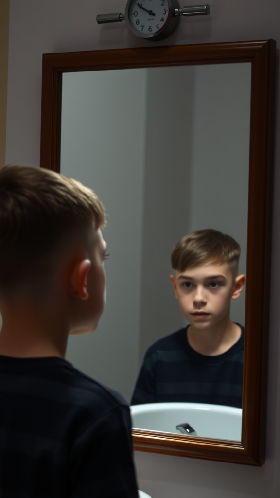 A boy looking at his reflection in a mirror, showing off his low fade haircut.