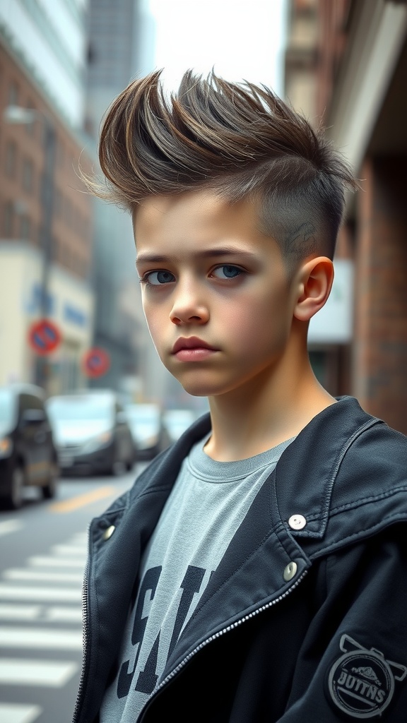 A boy sporting an Undercut Edgar hairstyle with spiky hair on top and shaved sides.