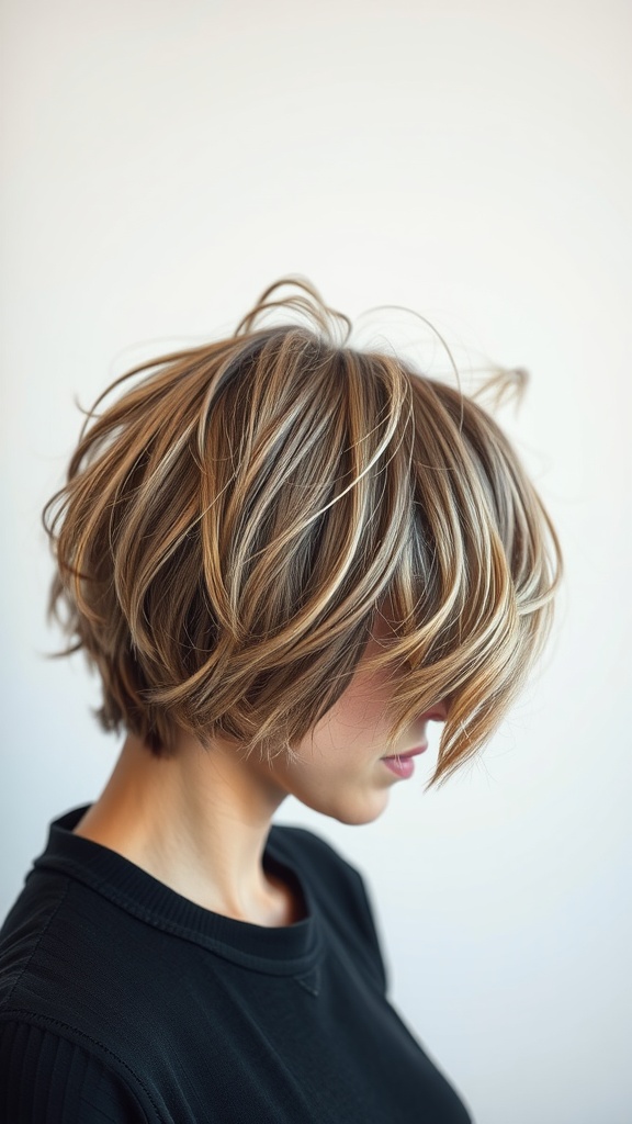 A woman showcasing a stylish Butterfly Haircut with soft layers and highlights.