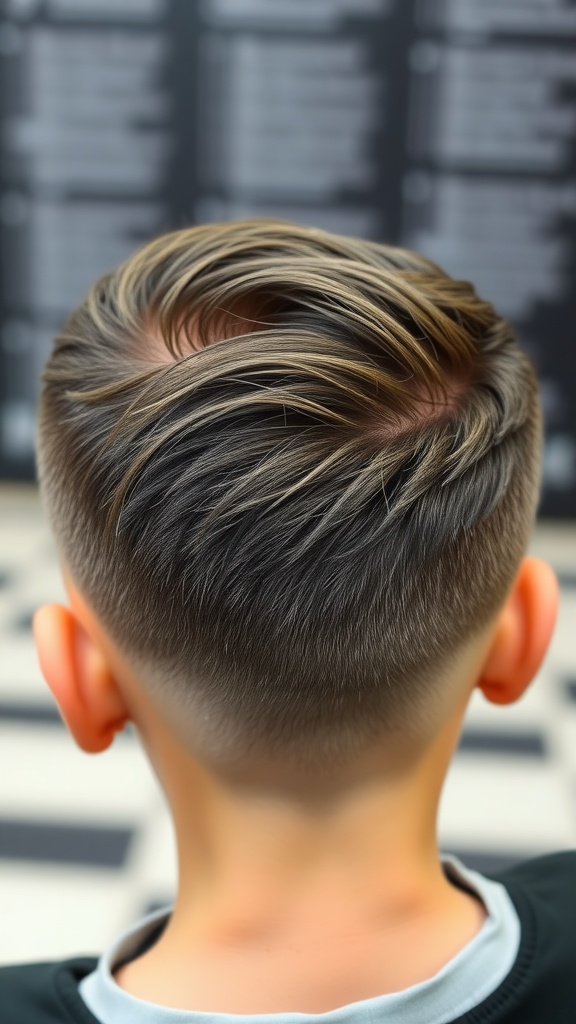 Back view of a boy with a low fade haircut, showing neat tapering and styled top hair