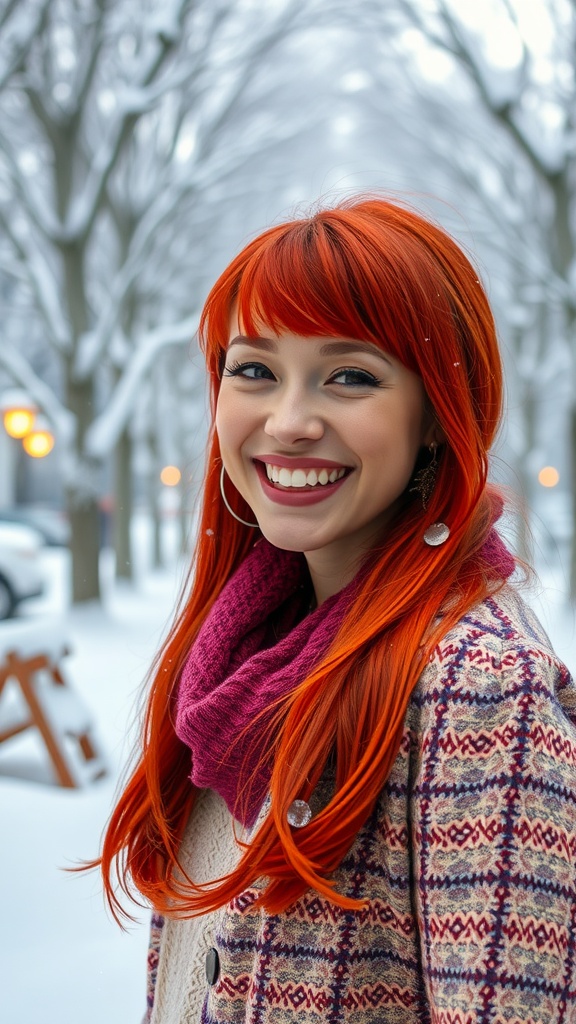 A smiling woman with vibrant red hair standing in a snowy landscape, wearing a cozy scarf and a stylish coat.