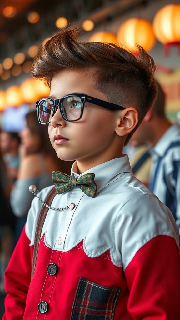 A boy with a vintage inspired Edgar haircut, wearing glasses and a bow tie, standing in a lively environment.