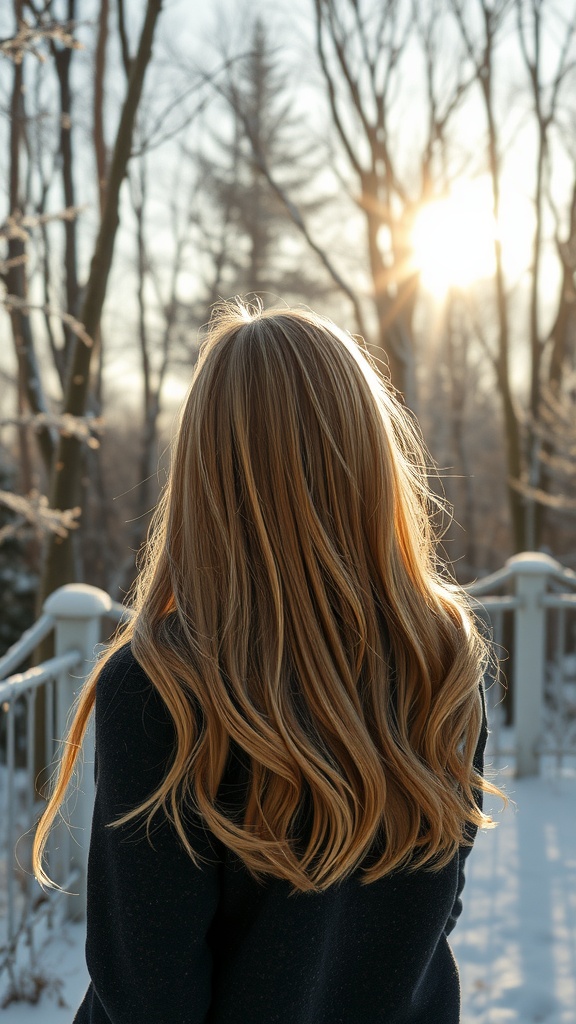 A person with long, honey blonde hair standing in a snowy landscape with sunlight in the background.